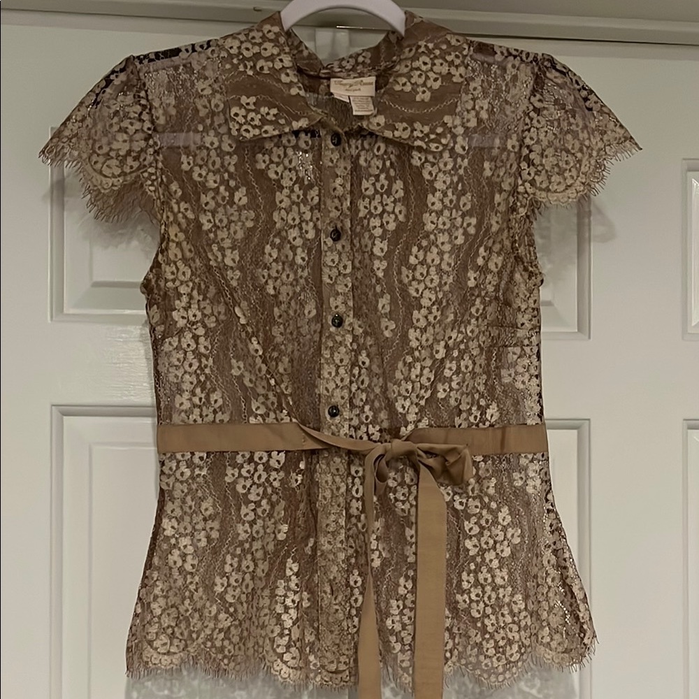 Tracy Reese Tan Cap Sleeve Blouse with Tie Front